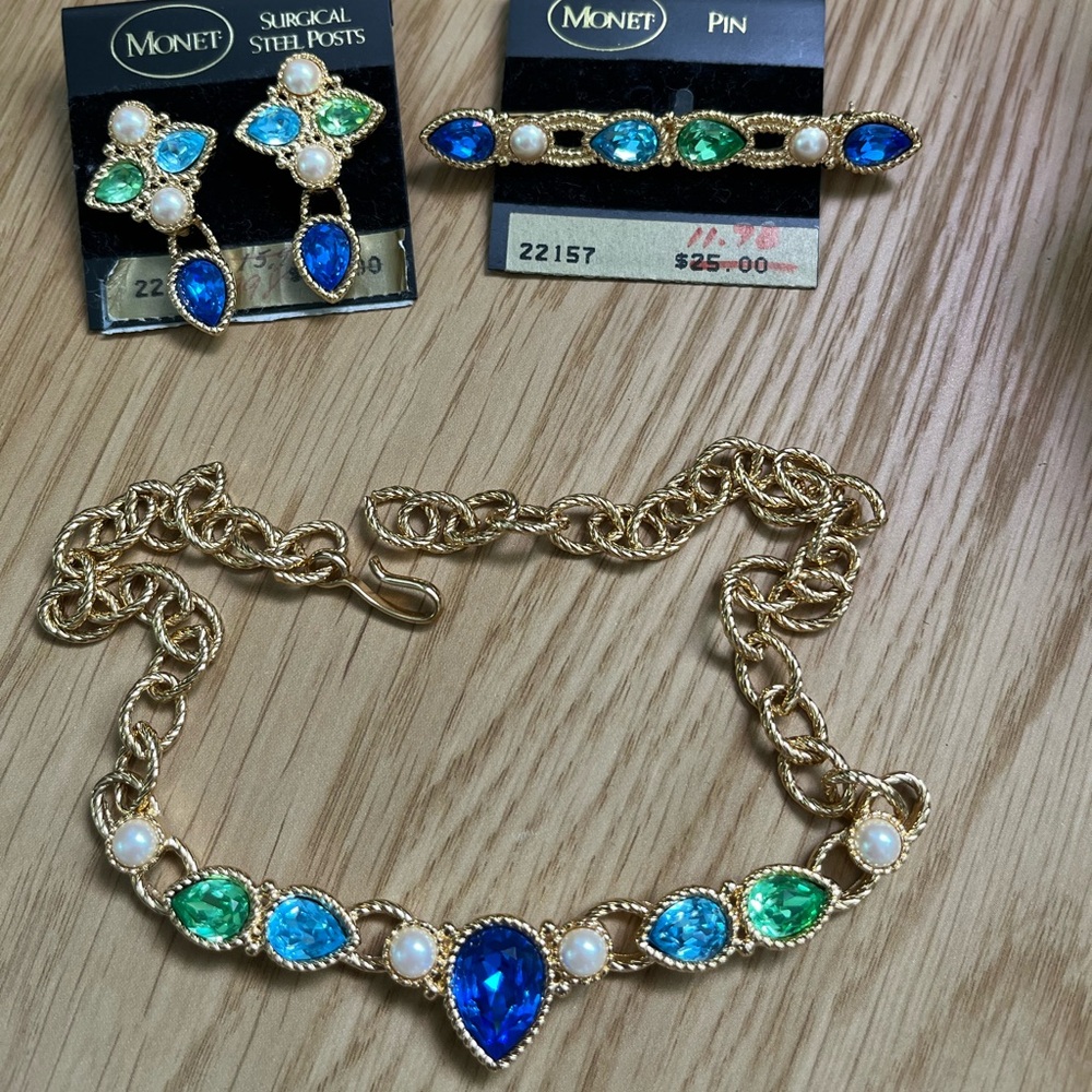 Vintage SIGNED Monet Gold with Blue and Green Accents Jewelry Bundle
